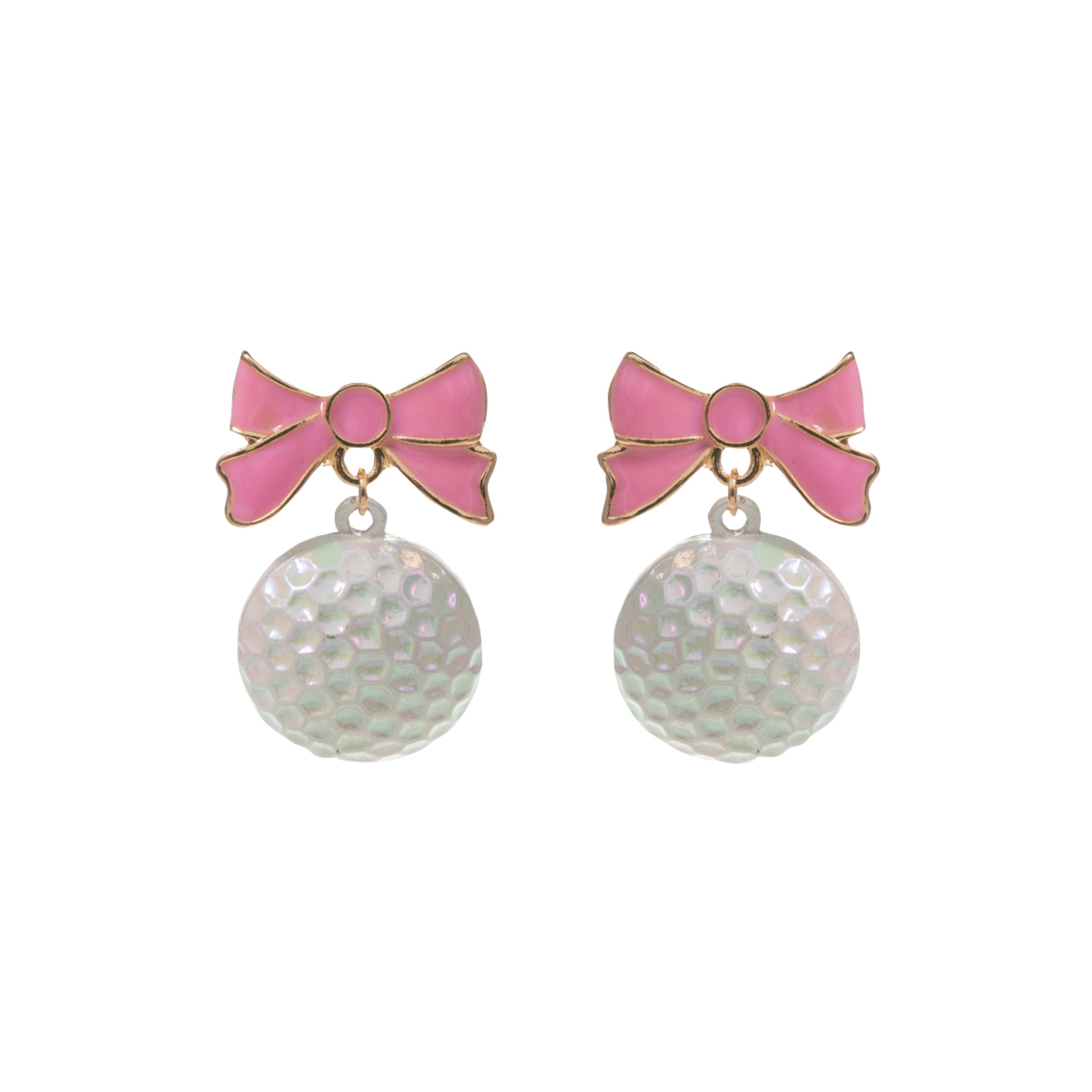 White Golf Ball Earrings with Pink & Gold Bow