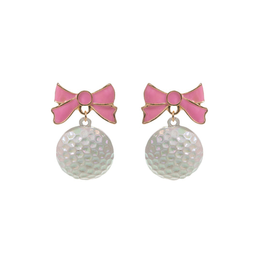 White Golf Ball Earrings with Pink & Gold Bow