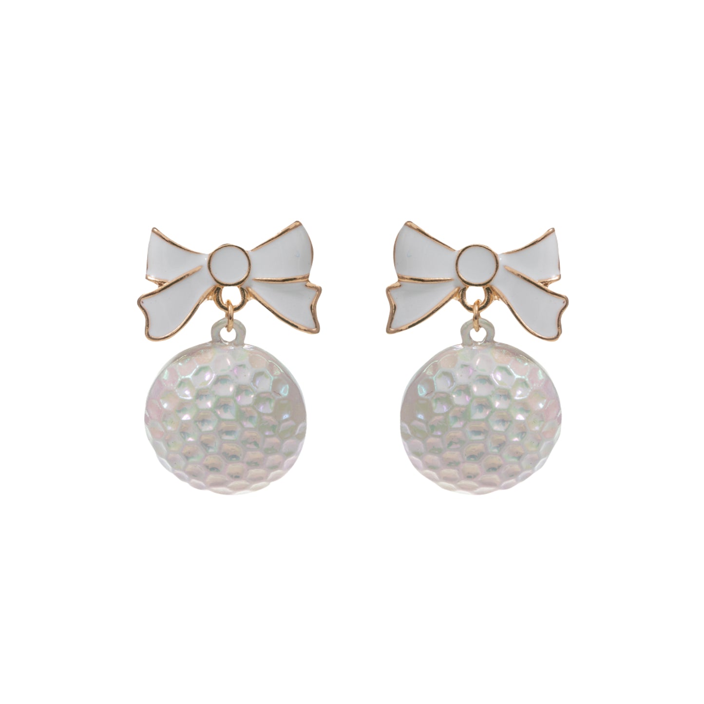 White Golf Ball Earrings with White & Gold Bow