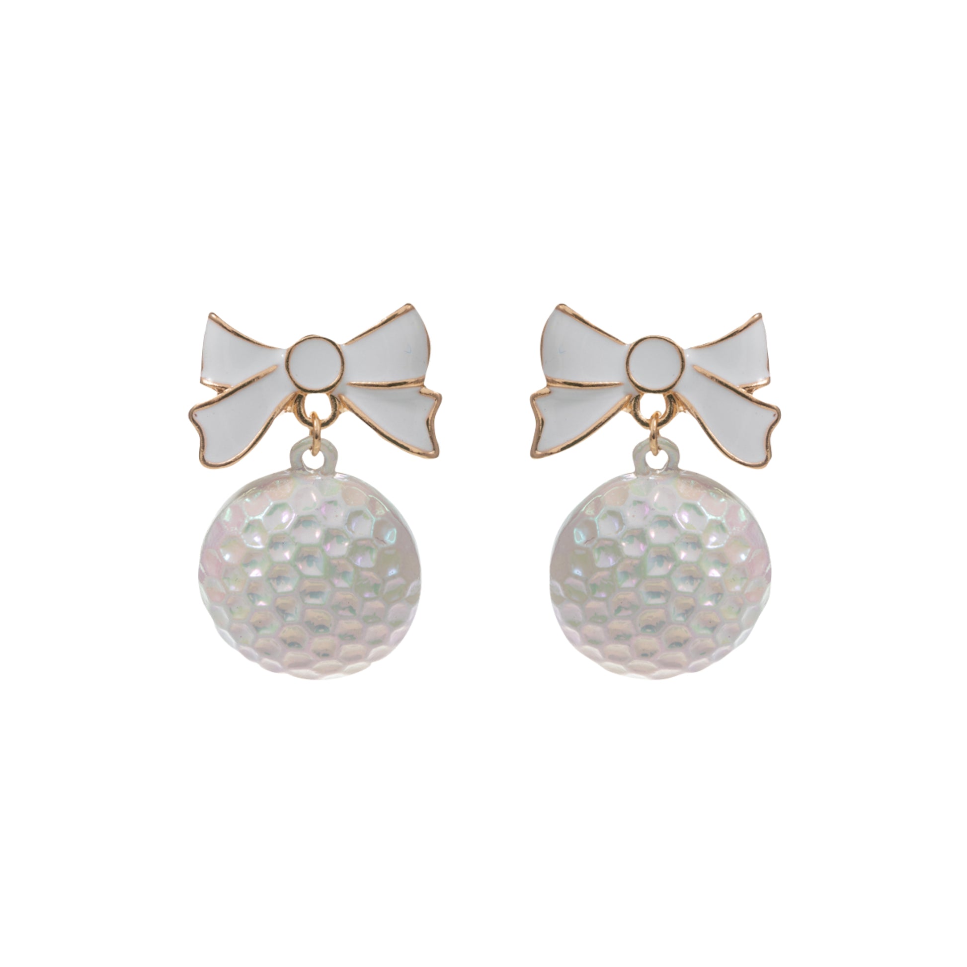 White Golf Ball Earrings with White & Gold Bow