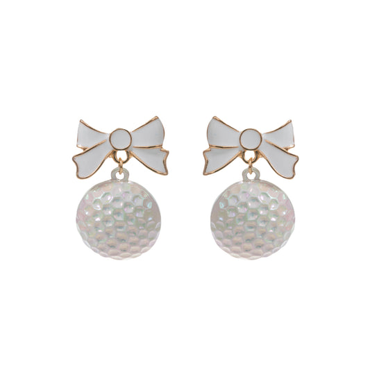 White Golf Ball Earrings with White & Gold Bow