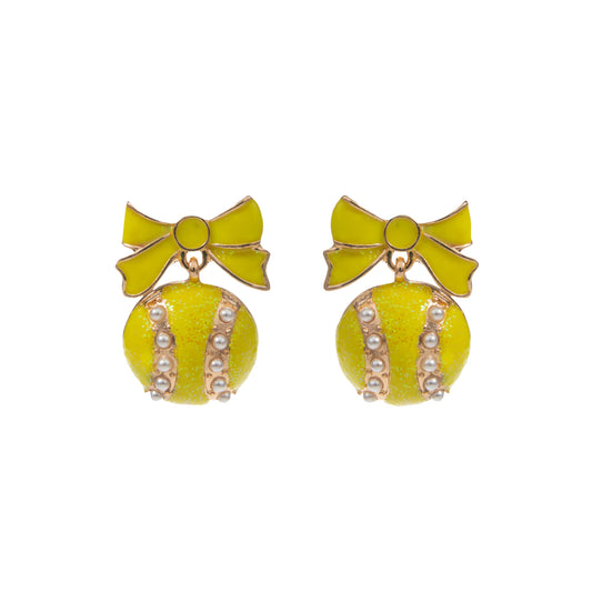 Yellow, Gold & Pearl Tennis Ball Earrings with Yellow Bow Post