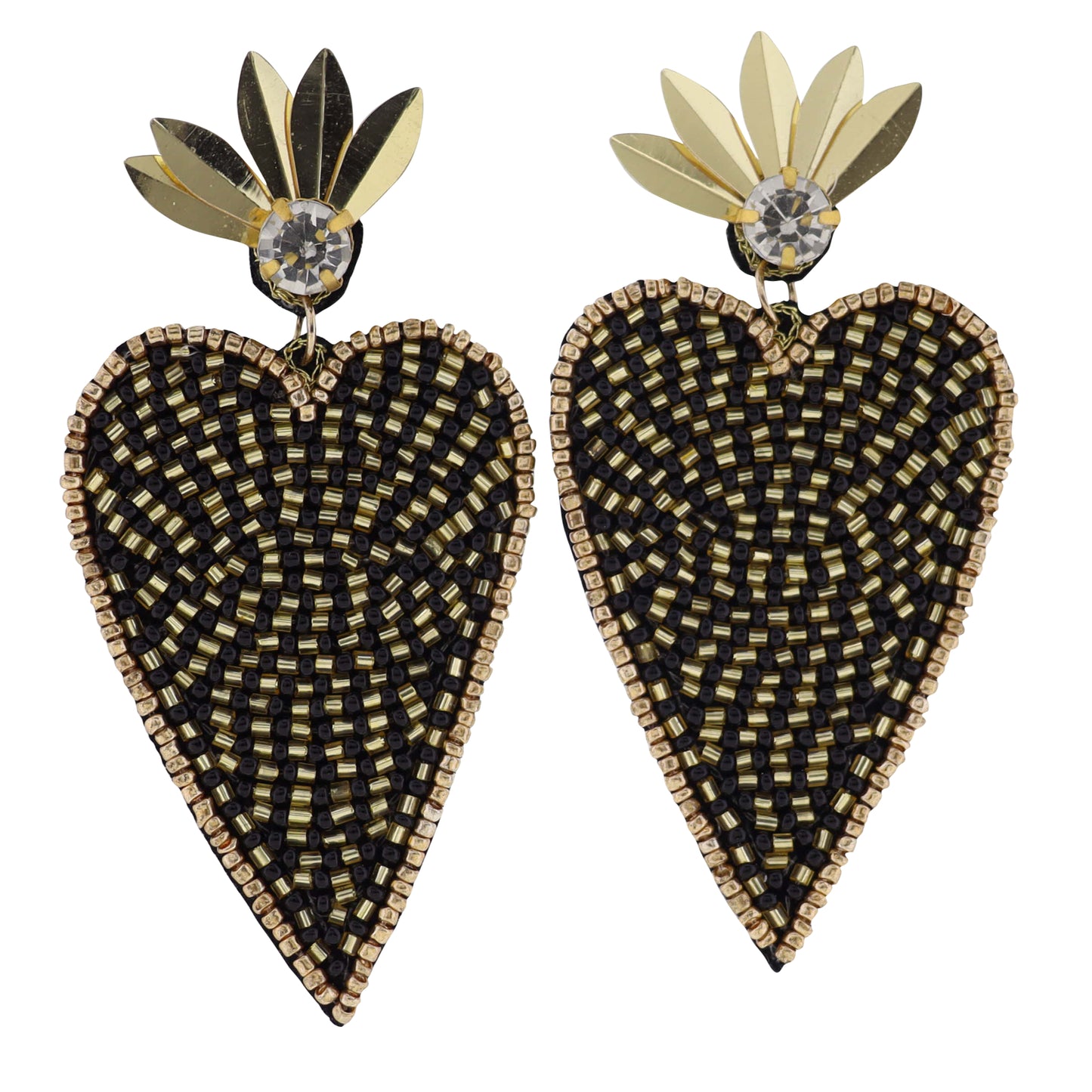 Black, Gold Beaded Heart Earring with Sequin Post
