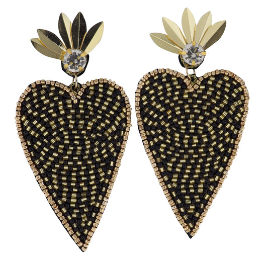 Black, Gold Beaded Heart Earring with Sequin Post