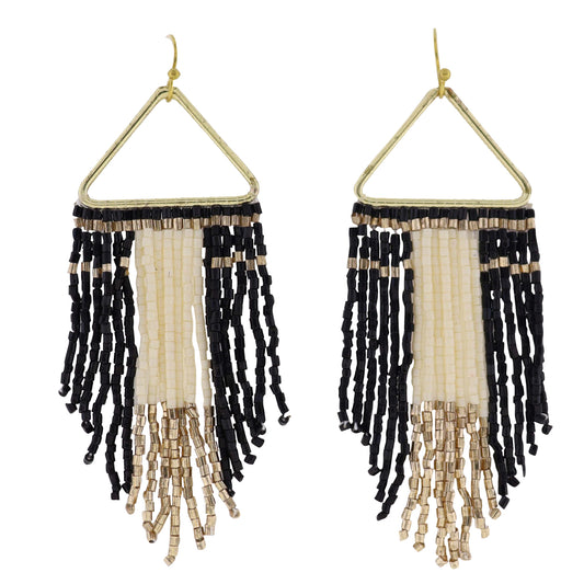 Gold Triangle Earring with Black, Gold, White Beaded Fringe