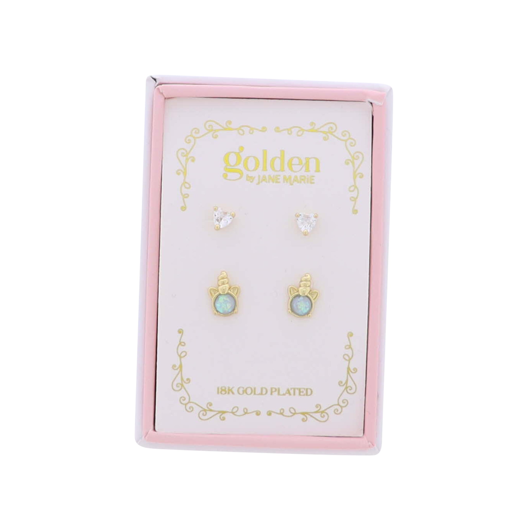 Kids 18K Gold Plated Set of 2 Heart & Opal Unicorn Stud Earrings