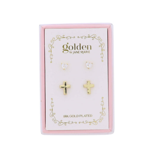Kids 18K Gold Plated Set of 2 Heart & Gold Cross Stud Earrings