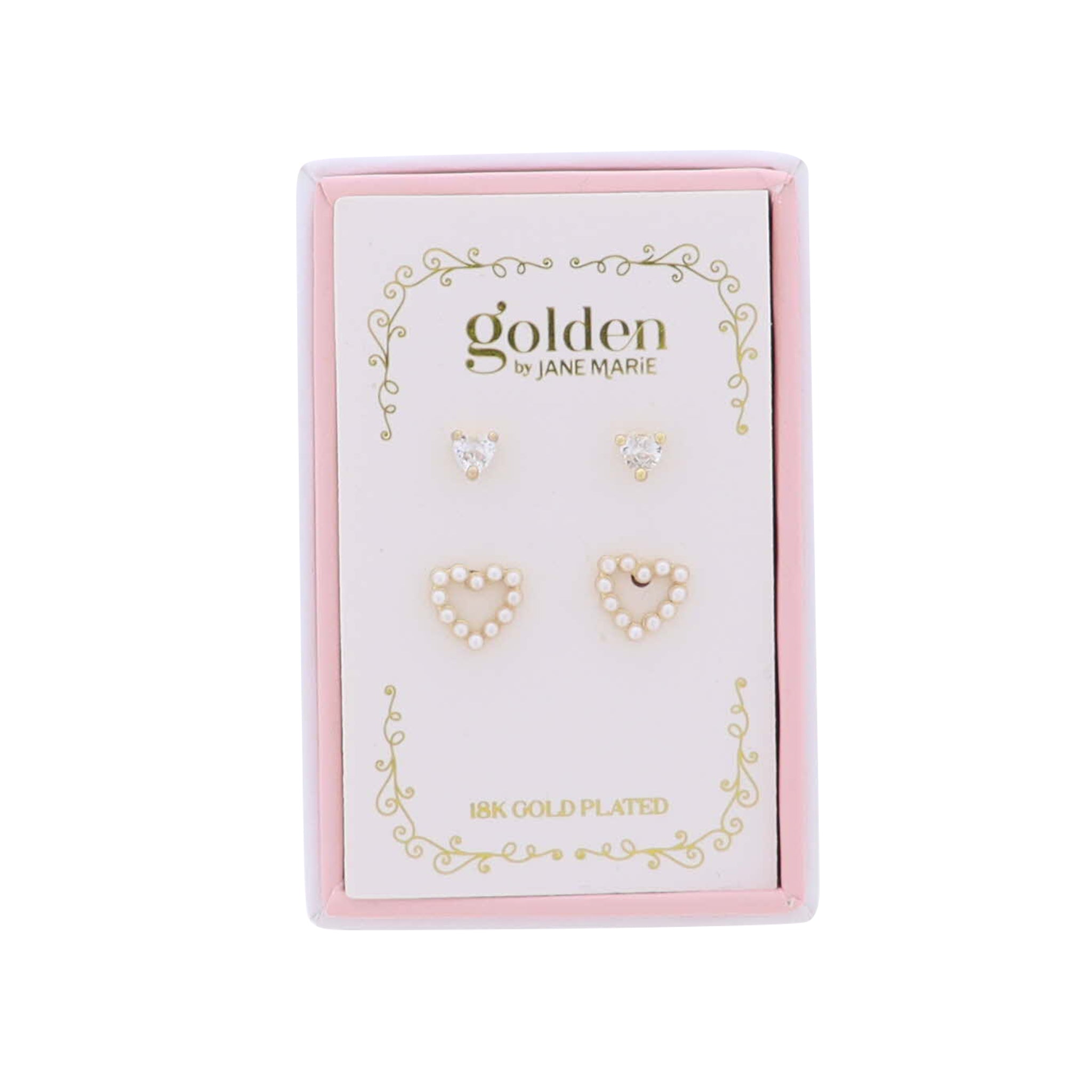 Kids 18K Gold Plated Set of 2 Clear Heart & Pearl Heart Stud Earrings