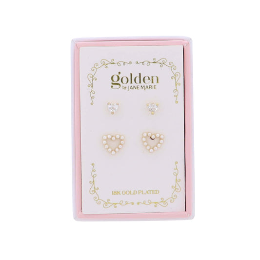 Kids 18K Gold Plated Set of 2 Clear Heart & Pearl Heart Stud Earrings