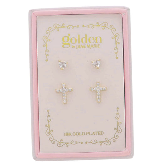 Kids 18K Gold Plated Set of 2 Heart & Cross Stud Earrings