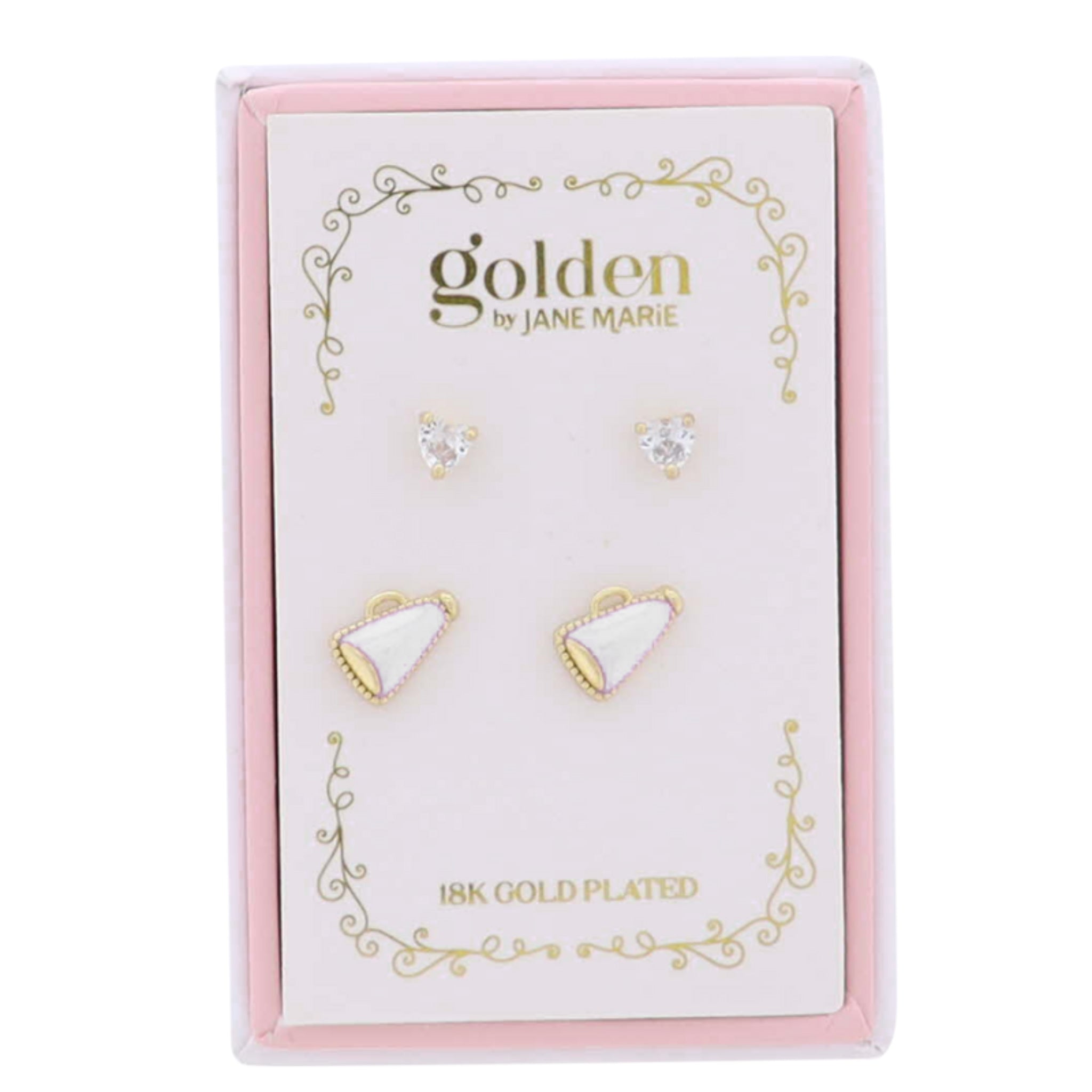 Kids 18K Gold Plated Set of 2 Heart & White Megaphone Stud Earrings