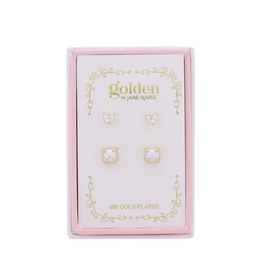 Kids 18K Gold Plated Set of 2 Heart & Purple Cabachon Stud Earrings