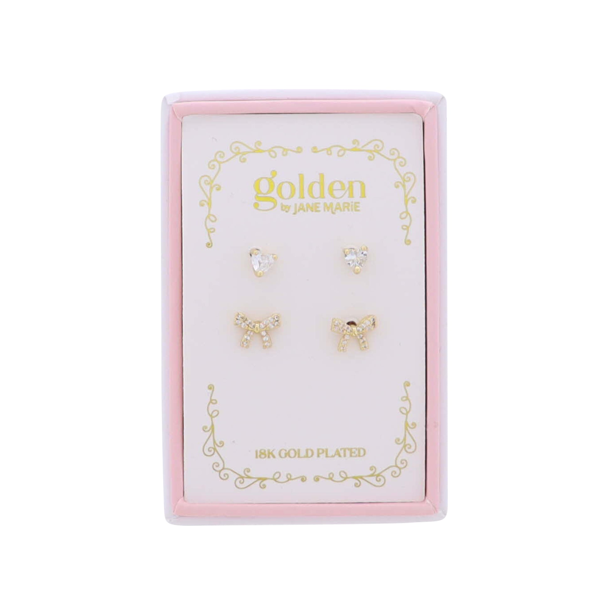 Kids 18K Gold Plated Set of 2 Heart & Bow Stud Earrings
