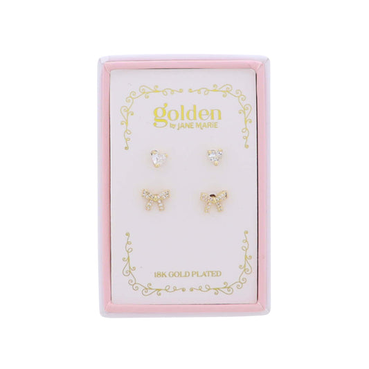 Kids 18K Gold Plated Set of 2 Heart & Bow Stud Earrings