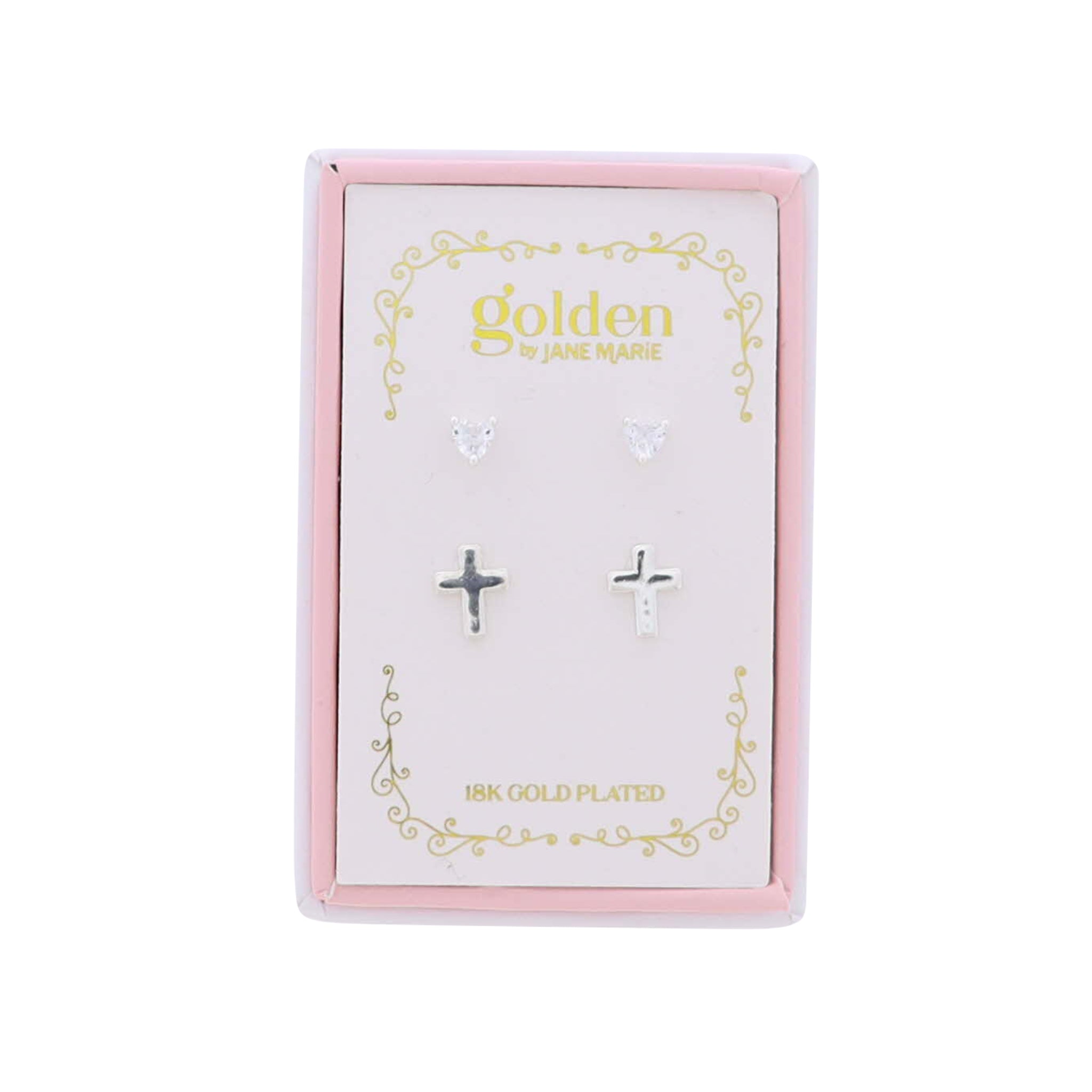 Kids 18K Gold Plated Set of 2 Heart & Silver Cross Stud Earrings