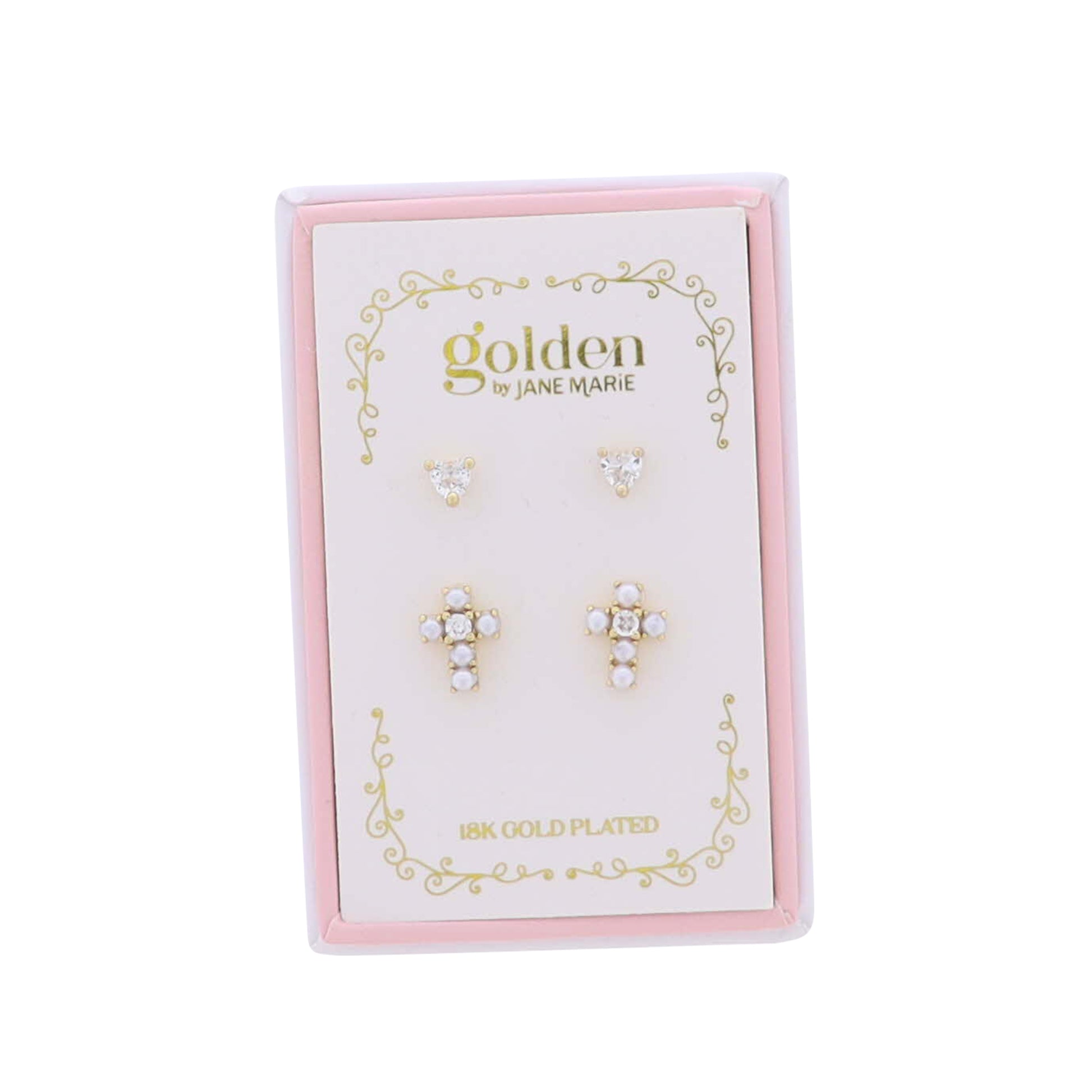 Kids 18K Gold Plated Set of 2 Heart & Pearl Cross Stud Earrings