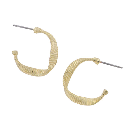 Gold Small Hoop Earring with Line Texture, Twist Detail