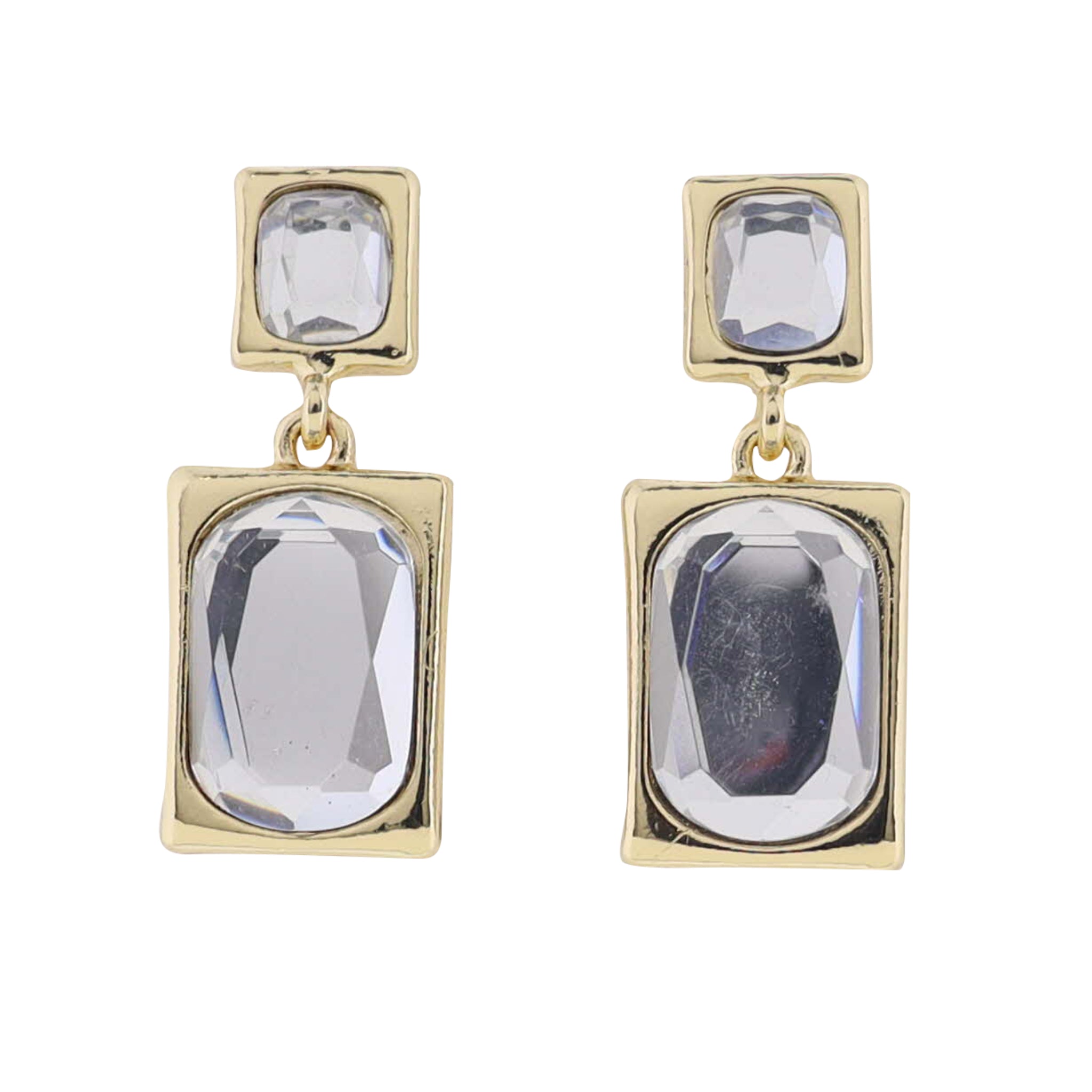 Gold Encased Clear Crystal Square Earring with Clear Rectangle