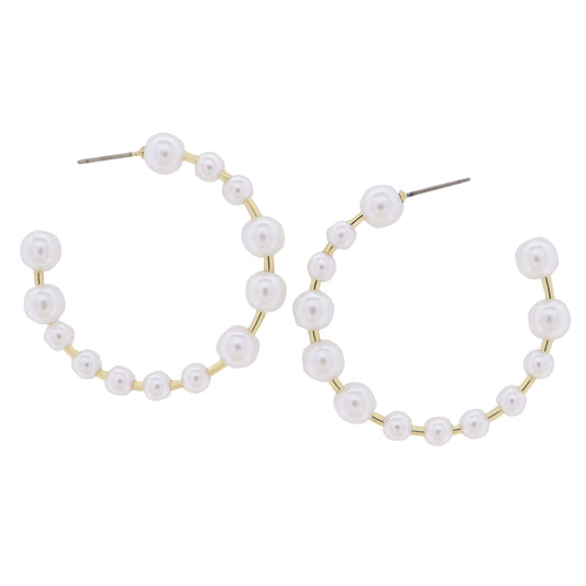18K Gold Plated Multi Sized Pearl Hoop Earring