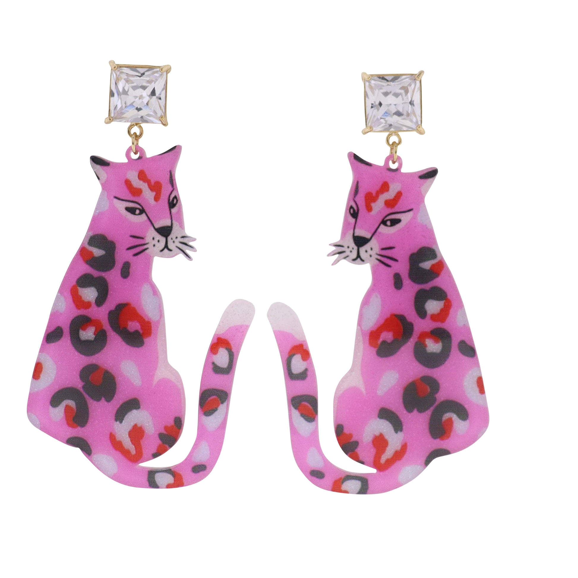 Pink, Red Leopard Earring with Clear Crystal Square Post
