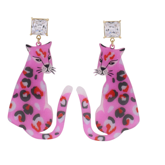 Pink, Red Leopard Earring with Clear Crystal Square Post