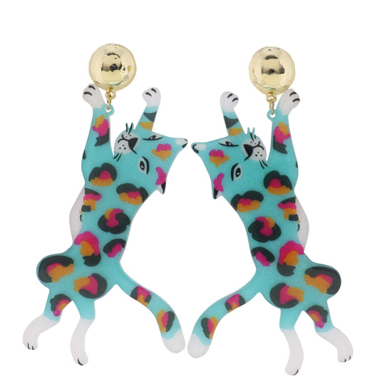 Tq, Pink, Orange Leopard Earring with Gold Post