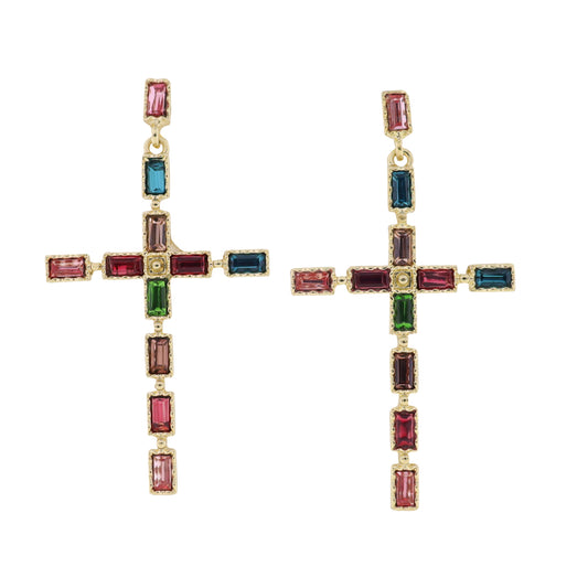 Multi Crystal Cross Earring with Pink Crystal Rectangle Post