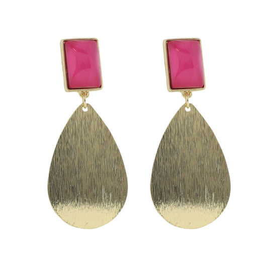Gold Teardrop Earring with Pink Rectangle Stone Post