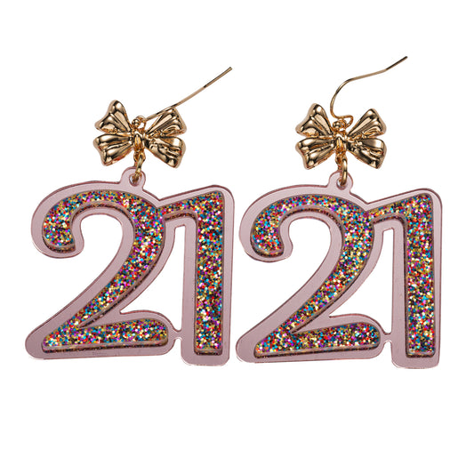 Multi Glitter Acrylic "21" Earring with Gold Bow