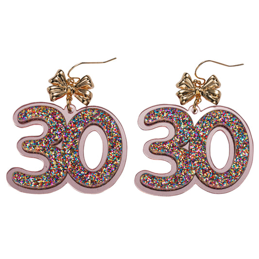 Multi Glitter Acrylic "30" Earring with Gold Bow
