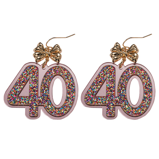 Multi Glitter Acrylic "40" Earring with Gold Bow