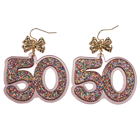 Multi Glitter Acrylic "50" Earring with Gold Bow