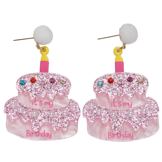 Pink, Yellow, White Glitter "It's My Birthday" Cake Earring