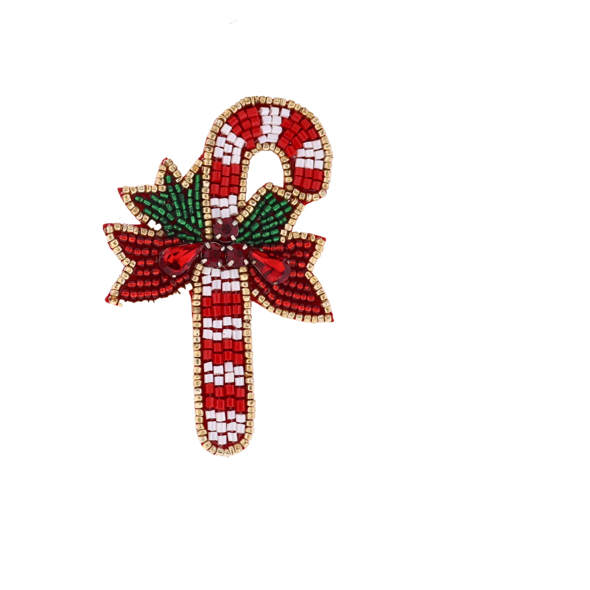 Red, White, Green, & Gold Beaded Candy Cane Brooch