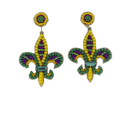 Yellow, Green, Purple Fleur De Lis Beaded Earrings