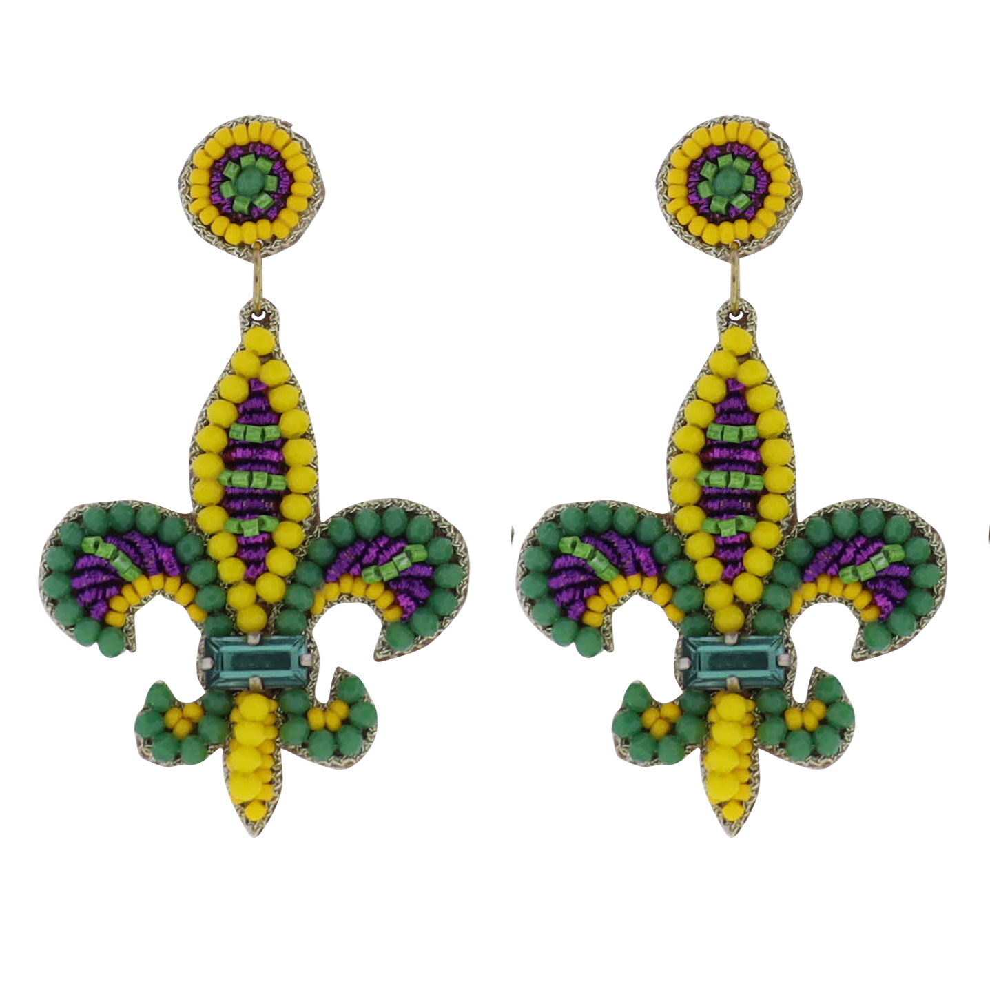 Yellow, Green, Purple Fleur De Lis Beaded Earrings