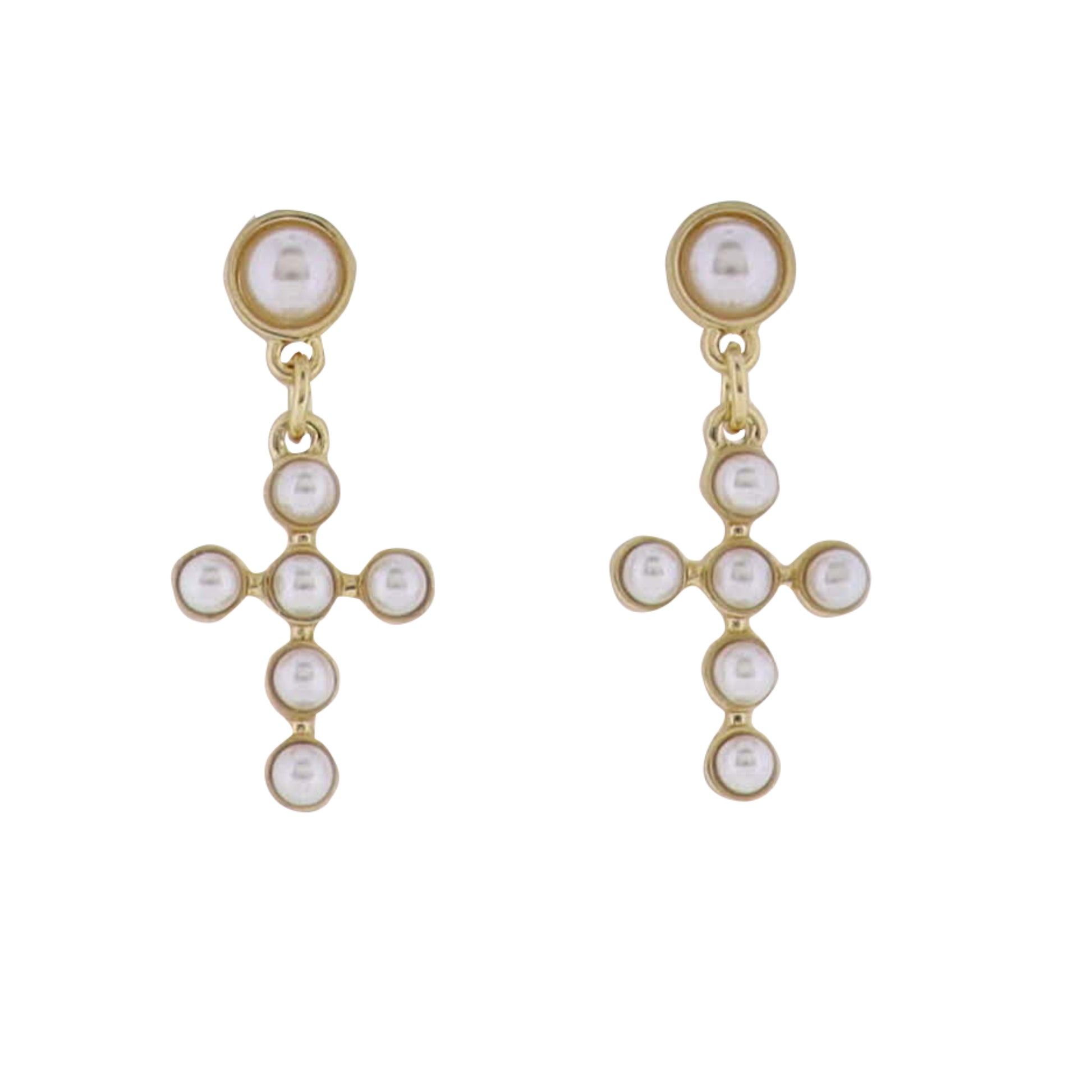 Gold Pearl Stud Earring with Pearl Cross