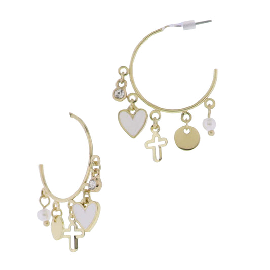 Gold Hoop Earring with Pearl, Disk, Cross, Heart Charms