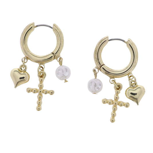 Gold Hoop Earring with Cross, Pearl, Heart
