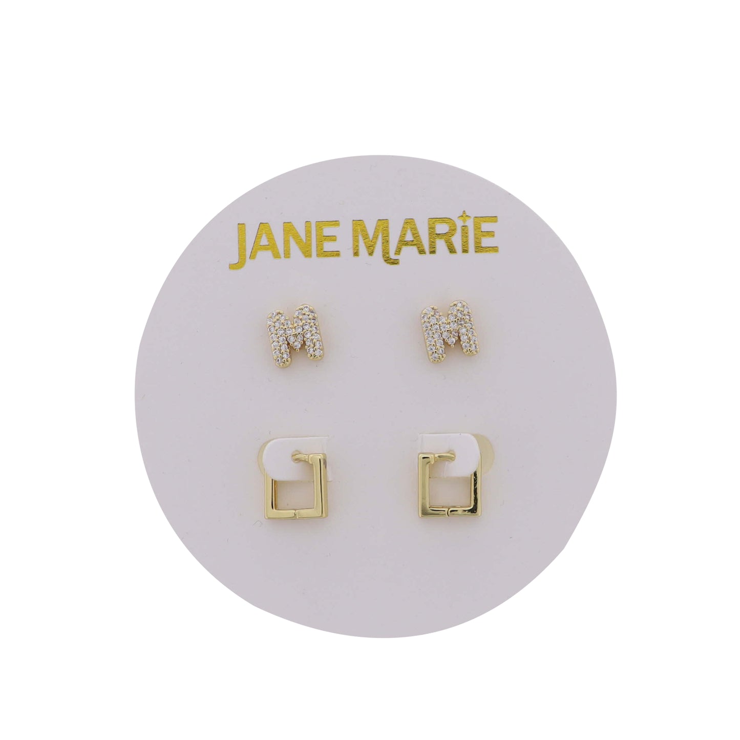 18K Gold Plated Clear Crystal "M" Initial Set of 2, Gold Square Huggie Earring