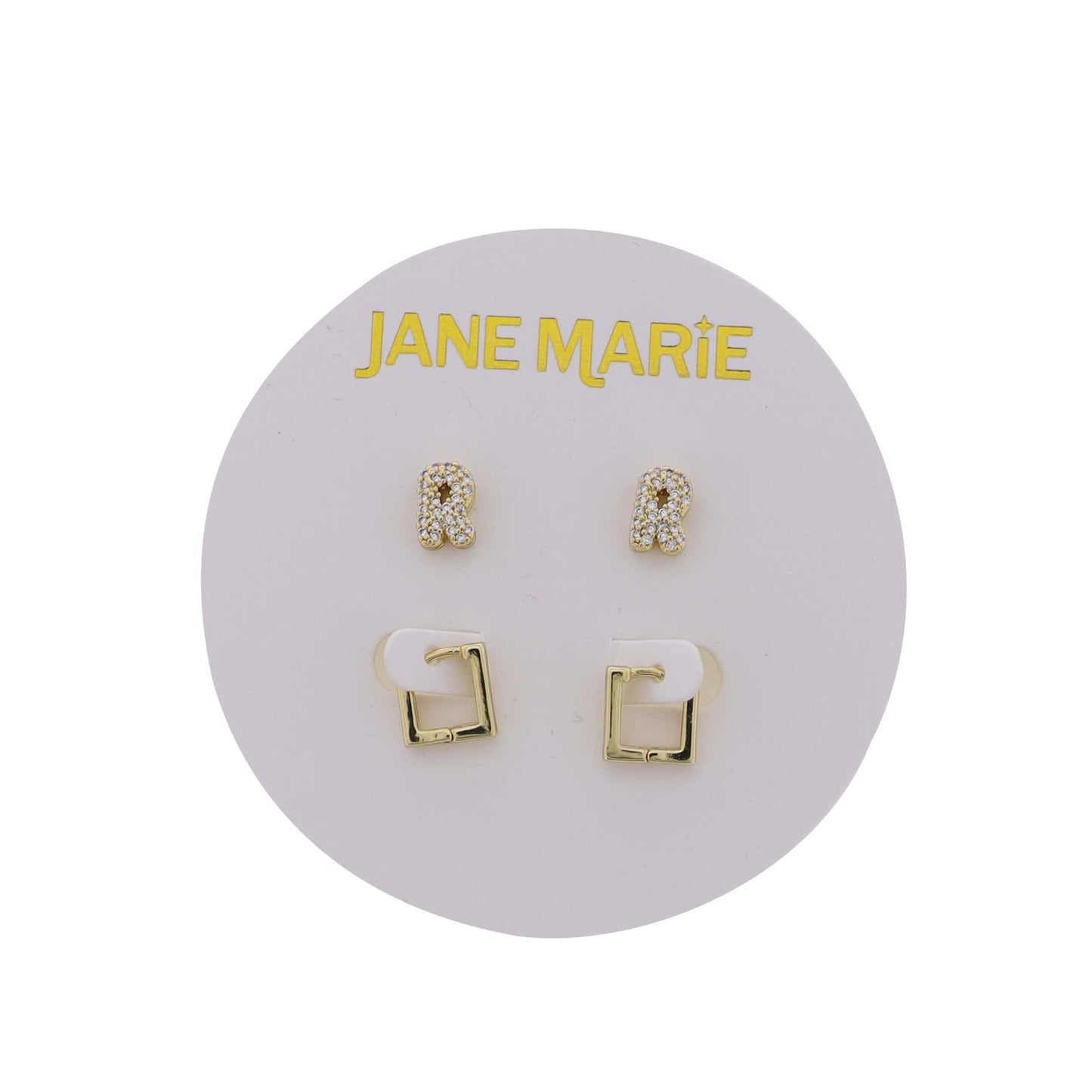 18K Gold Plated Clear Crystal "R" Initial Set of 2, Gold Square Huggie Earring