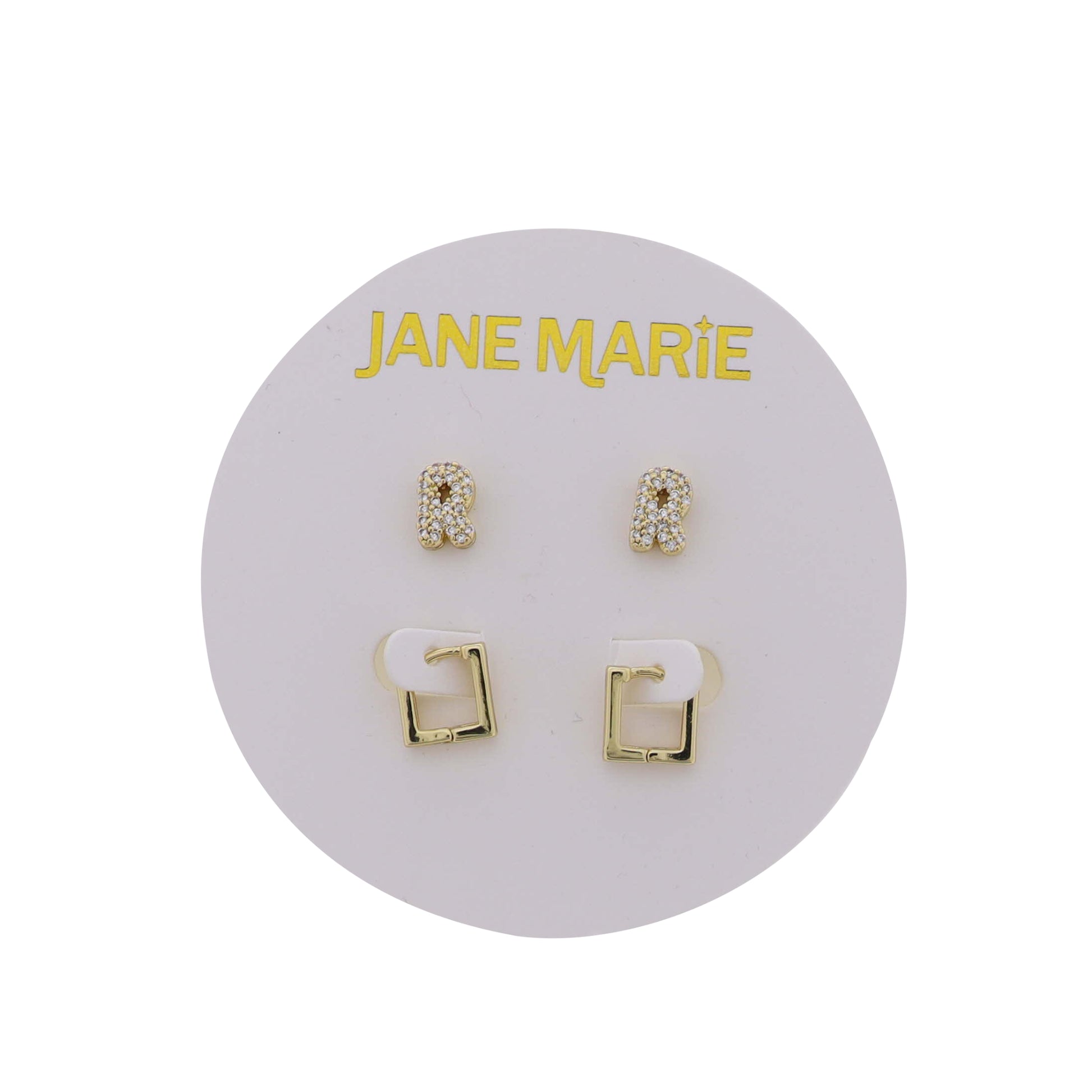 18K Gold Plated Clear Crystal "R" Initial Set of 2, Gold Square Huggie Earring