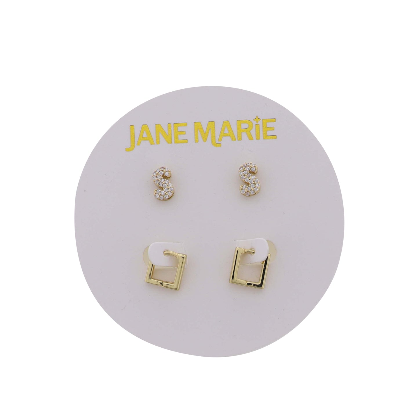 18K Gold Plated Clear Crystal "S" Initial Set of 2, Gold Square Huggie Earring