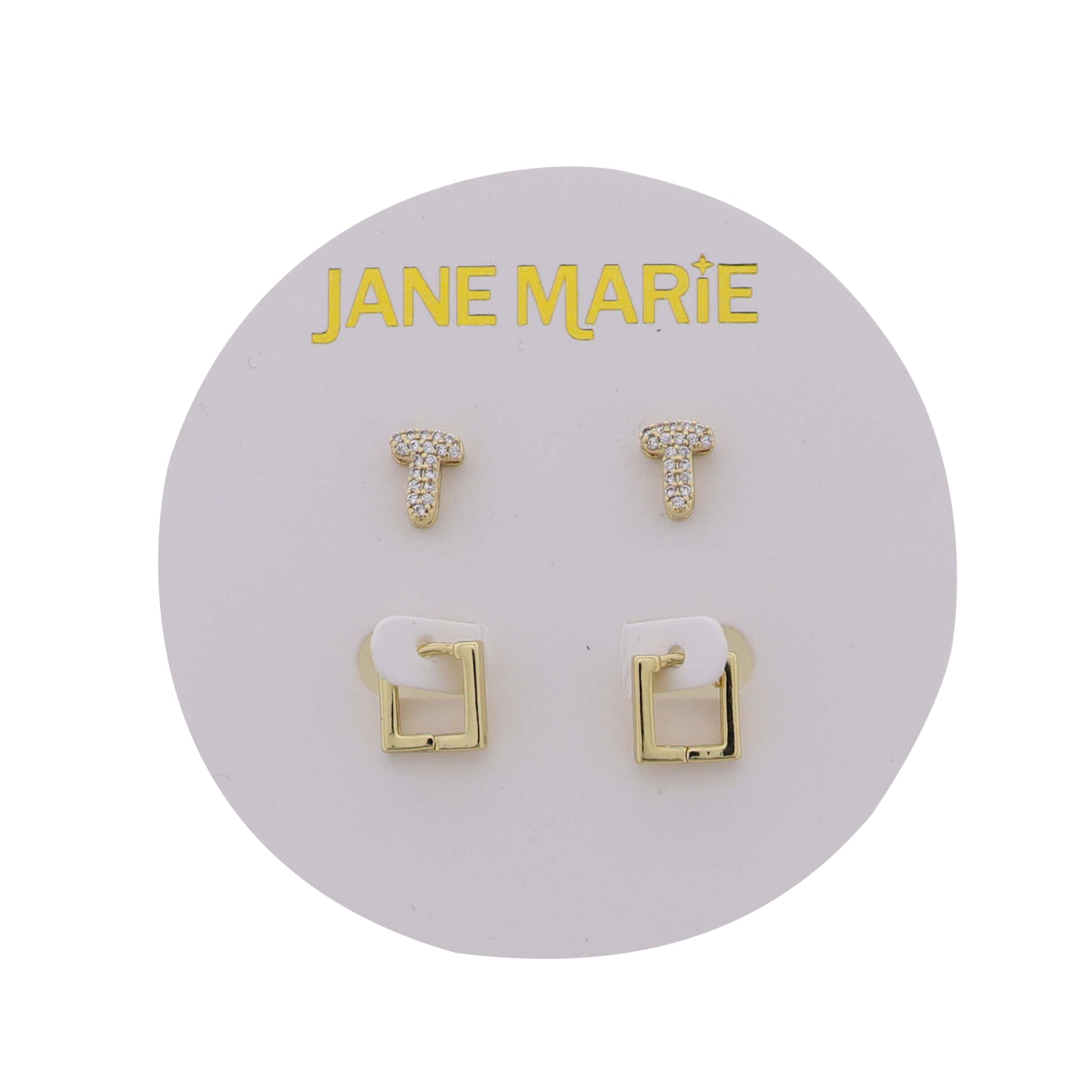 18K Gold Plated Clear Crystal "T" Initial Set of 2, Gold Square Huggie Earring