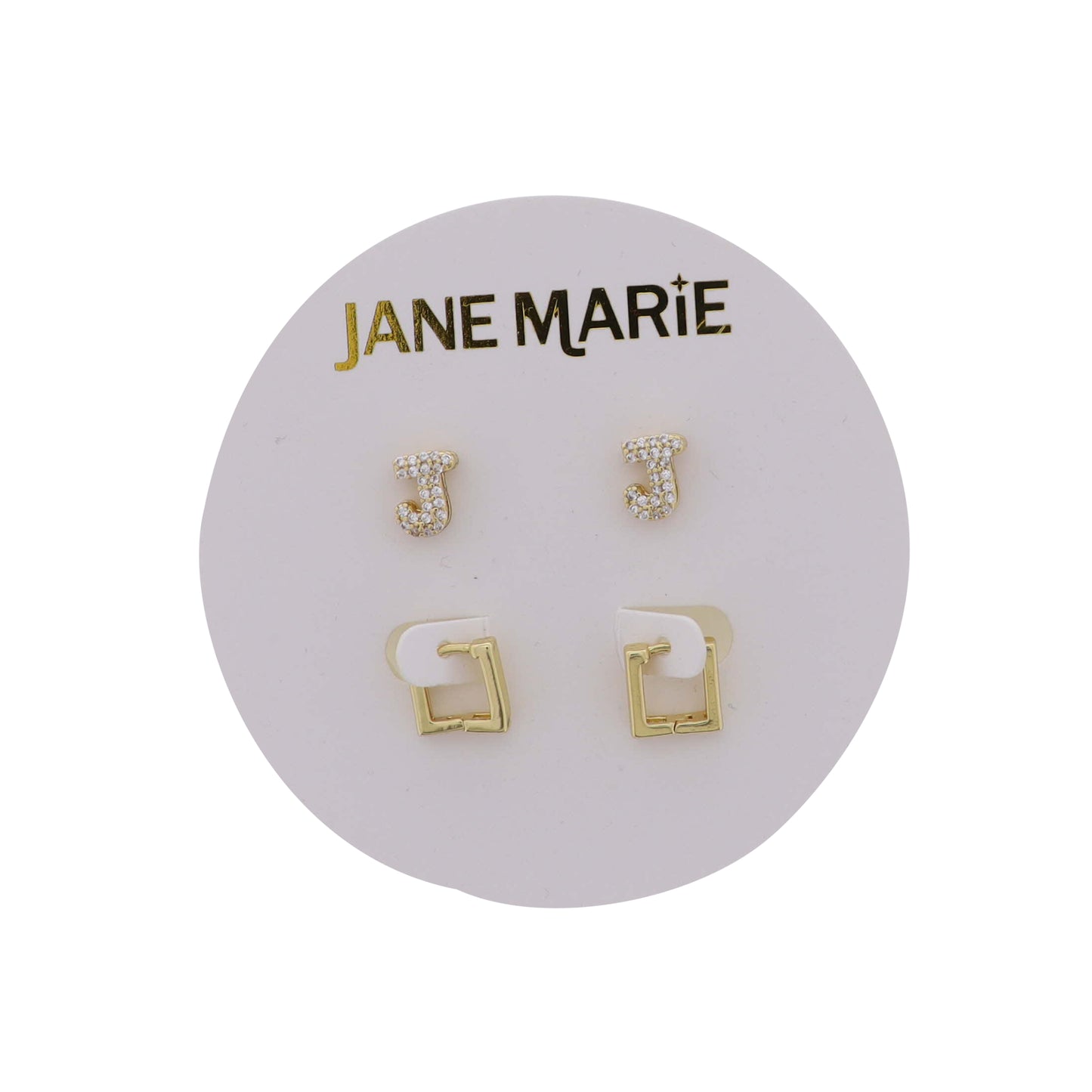 18K Gold Plated Clear Crystal "J" Initial Set of 2, Gold Square Huggie Earring