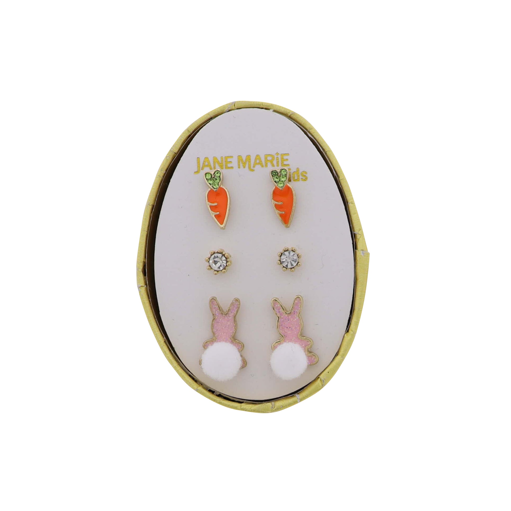 Kids Set of 3 Stud, Carrot, Clear Crystal, Pom Tail Bunny Earring