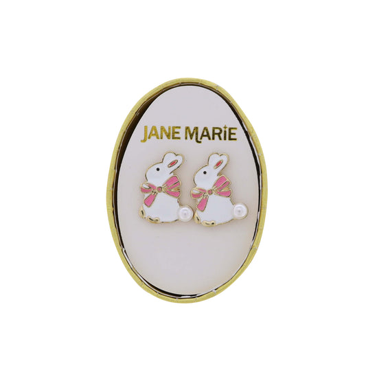 White Bunny with Bow and Pearl Tail Earring