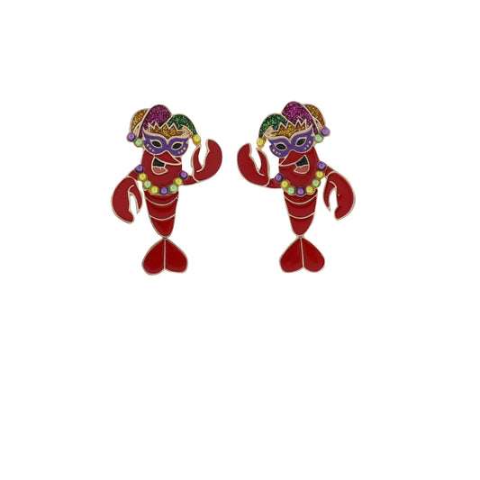 Enamel Red Crawfish with Purple & Green Mardi Mask & Jester Hat Earrings