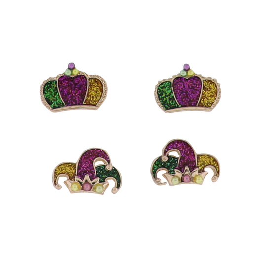 Enamel Set of 2 Purple, Green, Gold Jester Hat, Crown Earrings