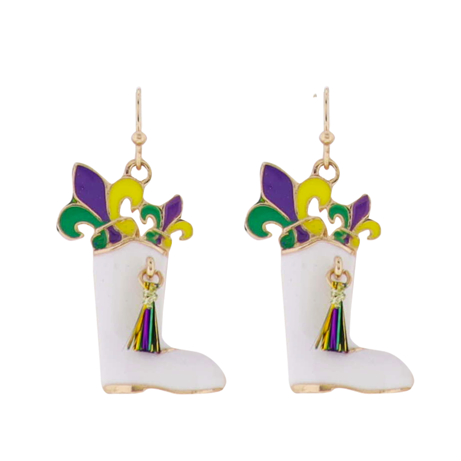 Enamel White Boot with Purple, Green, & Yellow Fleur de Lis & Tassel Earrings